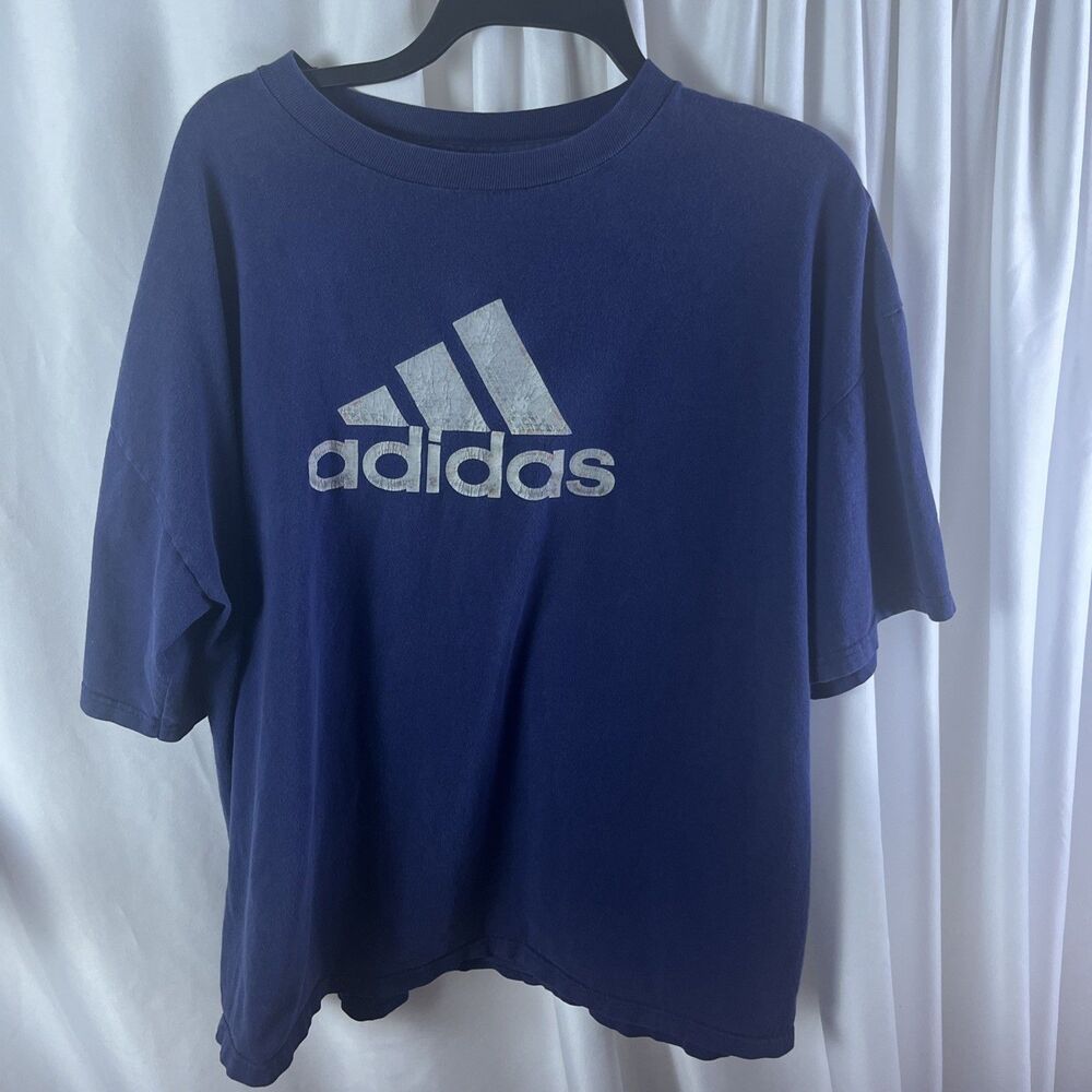 Vintage Adidas Navy Blue Men’s Graphic T-shirt Suze Blade Of Sport 3 Bars Logo